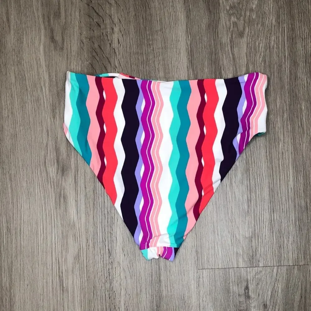 Bar III Women's Multi Color Waves Strappy High-Waist Bikini Swim Bottoms sz S